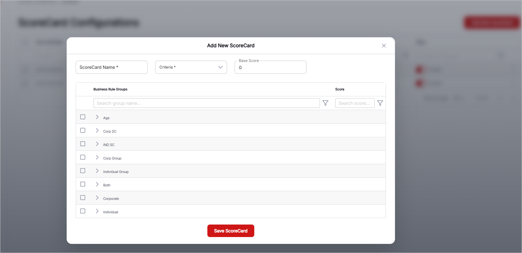 Add New Score Card Setup