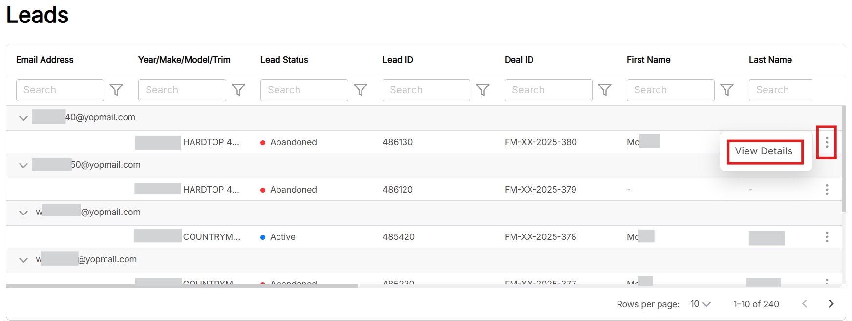 Leads Table - View Details