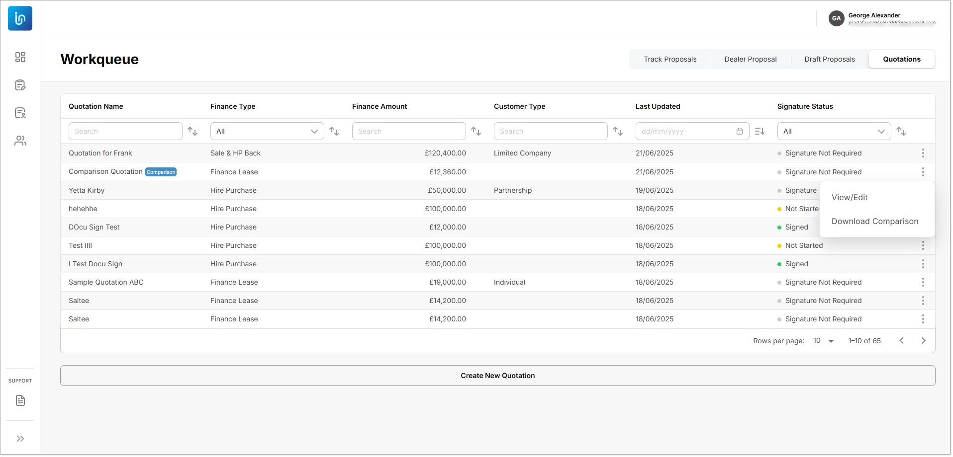 Workqueue Quotations Actions Available